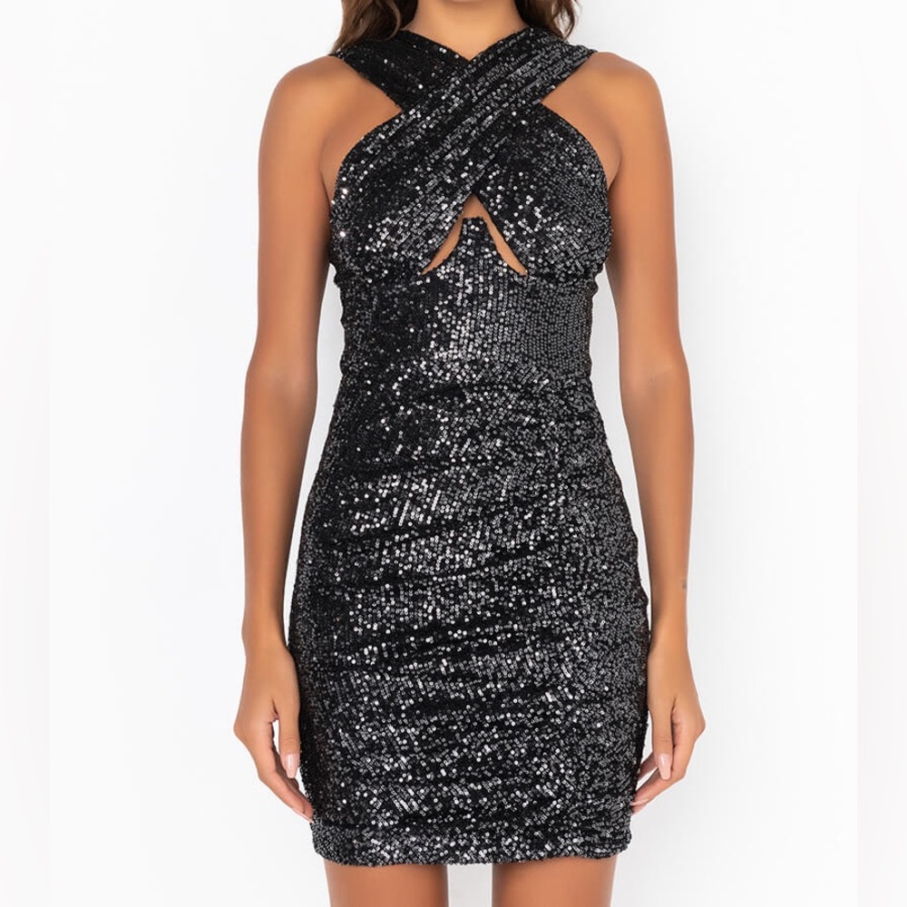 AKIRA Black Sequin Cutout Mini Dress